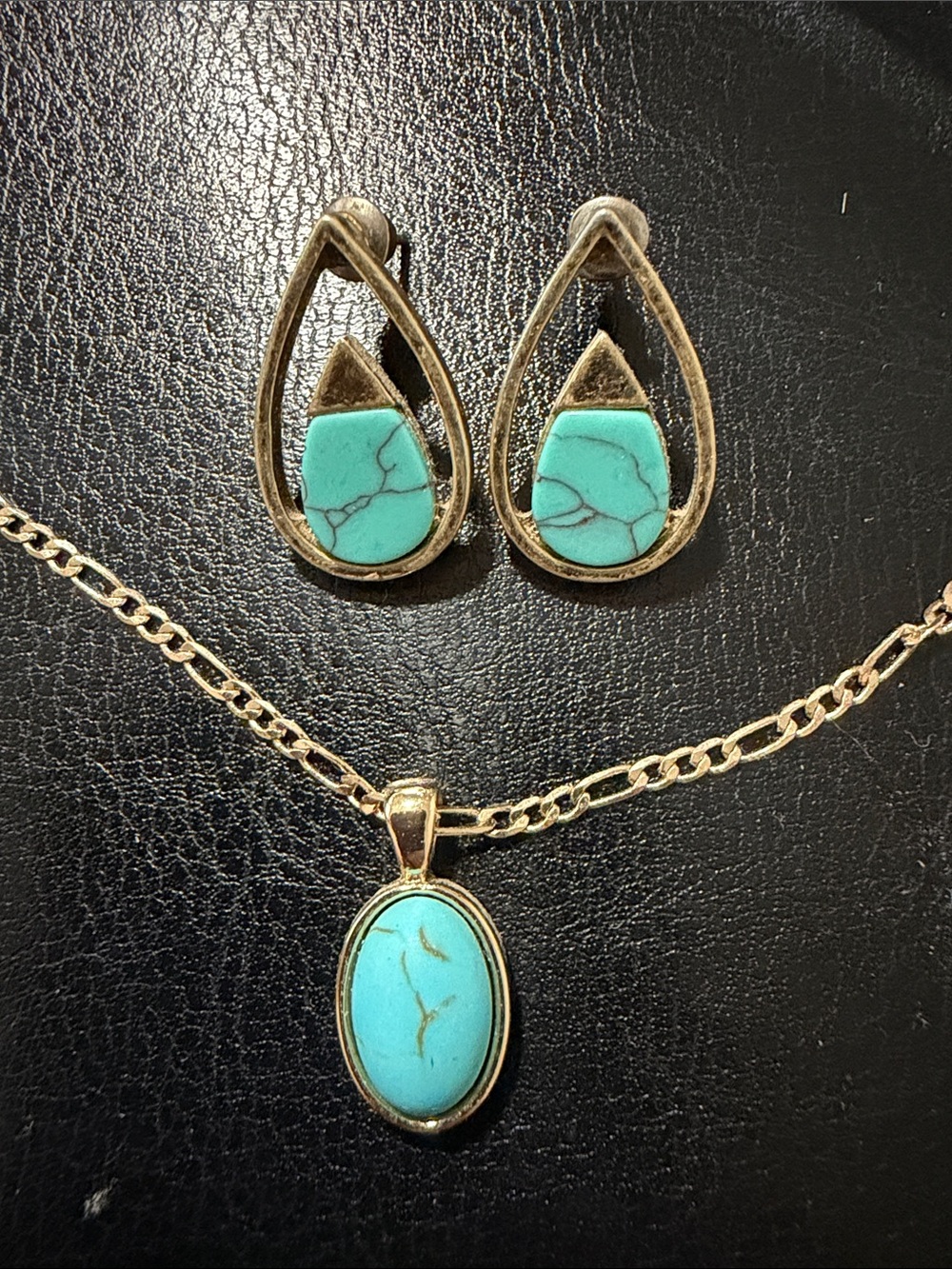 Gold-Tone Turquoise Teardrop Earrings & Pendant Necklace Set